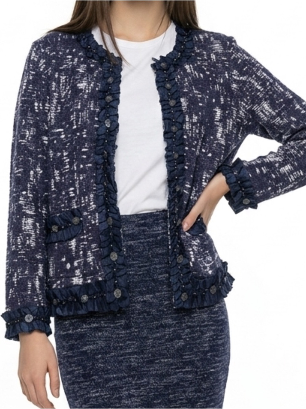 Navy & White Ruffle-Trim Jacket - like new